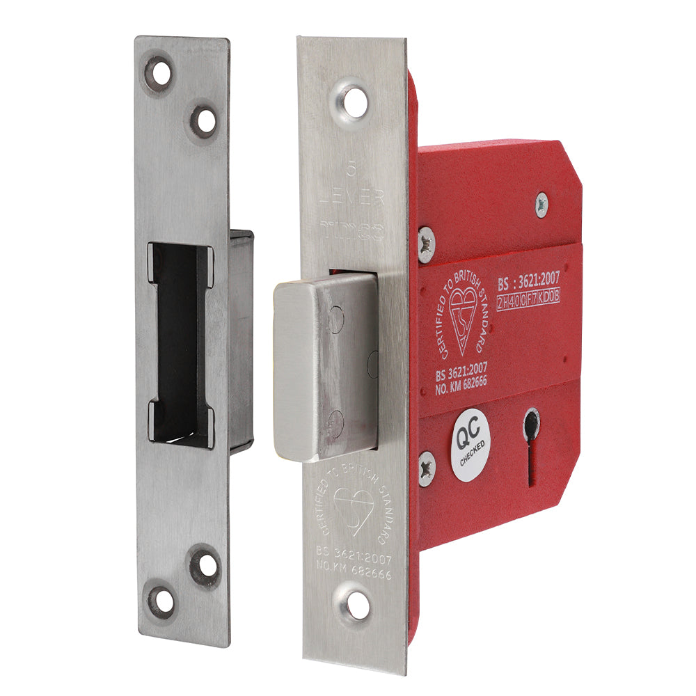 This is an image of Timco - 5 Lever British Standard CE Deadlock - Stainless Steel - Satin 78 case / 57 backset (1 Each Box) 675040