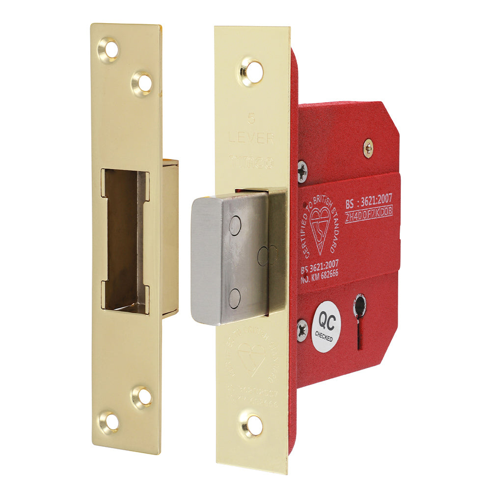 This is an image of Timco - 5 Lever British Standard CE Deadlock - Electro Brass 66 case / 45 backset (1 Each Box) 675681