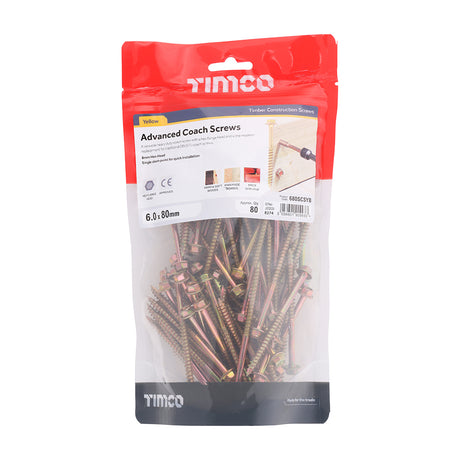 This is an image of Timco - Advanced Coach Screws - Hex Flange - Yellow 6.0 x 80mm - (80 PCS TIMbag) 680SCSYB