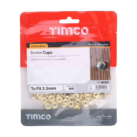 This is an image of Timco - Screw Cups - Electro Brass To fit 6 Gauge Screws - (900 PCS TIMbag) 6BCUPB