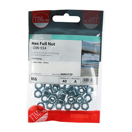 This is an image of Timco - Hex Full Nuts - Zinc M6 - (40 PCS TIMpac) 6HNUTZP