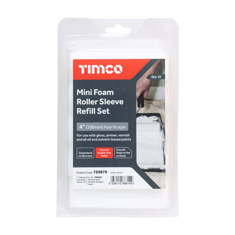 This is an image of Timco - Mini Foam Roller Sleeve Refill Set 4" (10 Pieces Clamshell) 720879