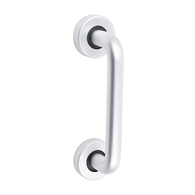 This is an image of Timco - D Shaped Pull Handle On Rose - Satin Anodised Aluminium 152 x 19 (1 Each Bag) 725091BX