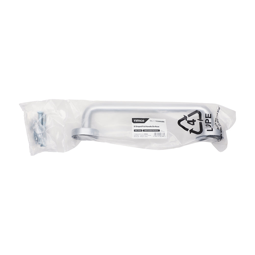 This is an image of Timco - D Shaped Pull Handle On Rose - Satin Anodised Aluminium 229 x 19 (1 Each Bag) 725092BX