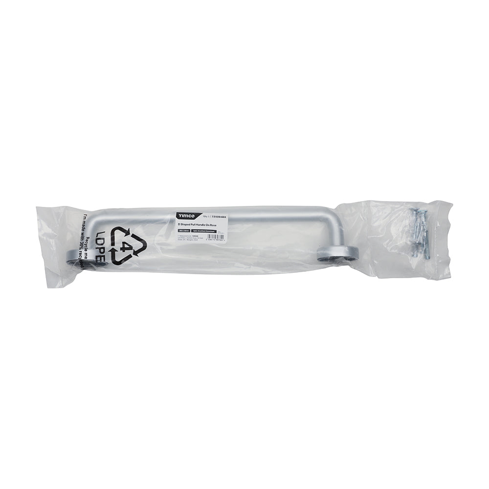 This is an image of Timco - D Shaped Pull Handle On Rose - Satin Anodised Aluminium 305 x 19 (1 Each Bag) 725094BX