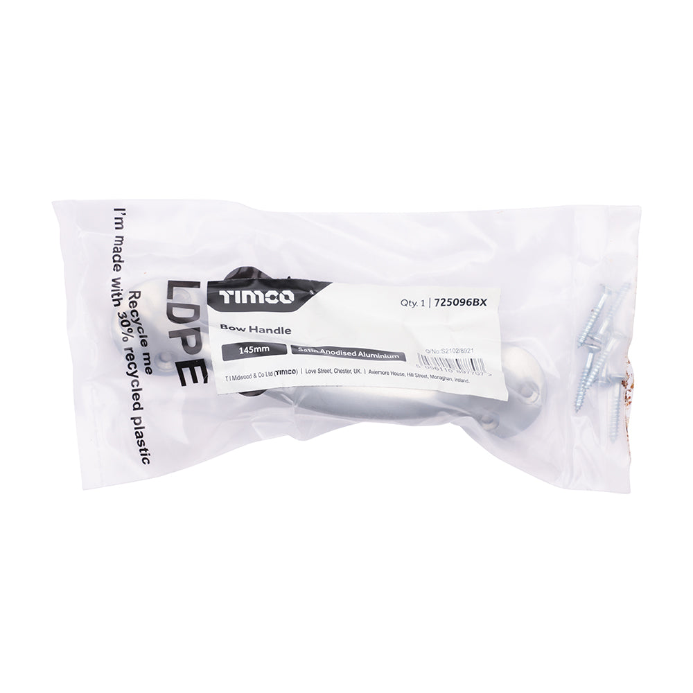 This is an image of Timco - Bow Handle - Satin Anodised Aluminium 145mm (1 Each Bag) 725096BX