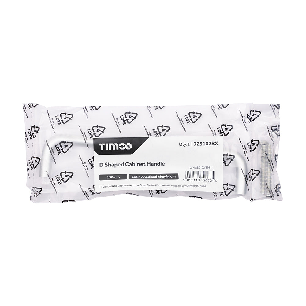 This is an image of Timco - D Shaped Cabinet Handle - Satin Anodised Aluminium 150mm (1 Each Bag) 725102BX