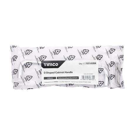 This is an image of Timco - D Shaped Cabinet Handle - Satin Anodised Aluminium 150mm (1 Each Bag) 725102BX