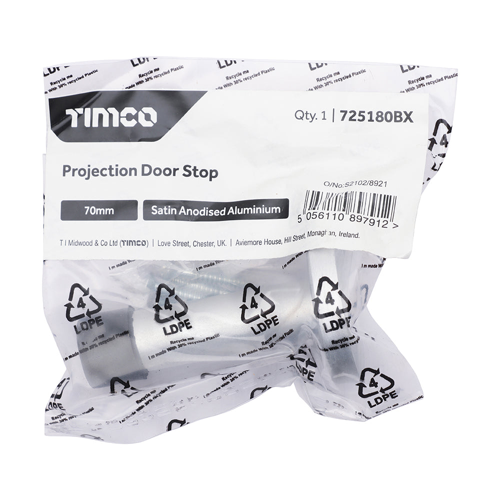 This is an image of Timco - Projection Door Stop - Satin Anodised Aluminium 70mm (1 Each Bag) 725180BX