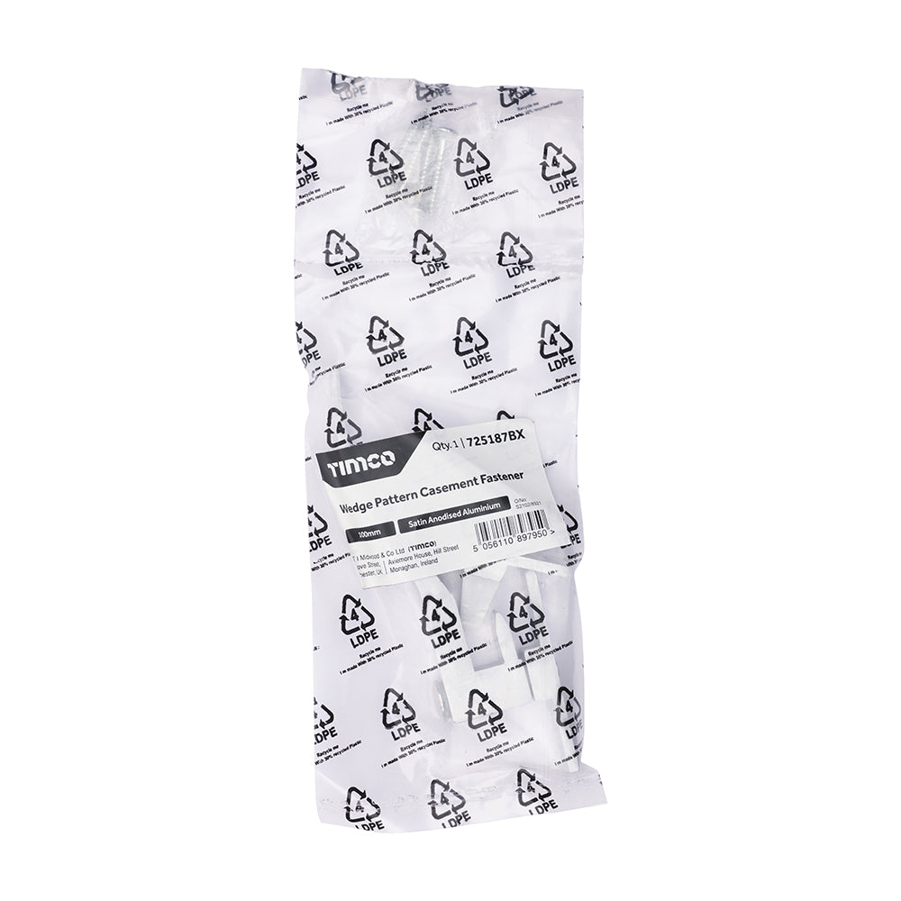 This is an image of Timco - Wedge Pattern Casement Fastener - Satin Anodised Aluminium 100mm (1 Each Bag) 725187BX