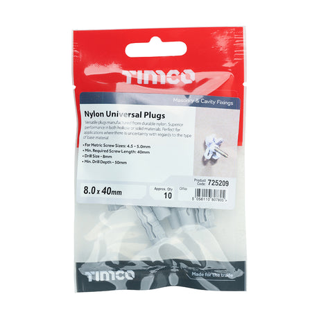 This is an image of Timco - Nylon Universal Plugs 8.0 x 40mm - (10 PCS TIMpac) 725209