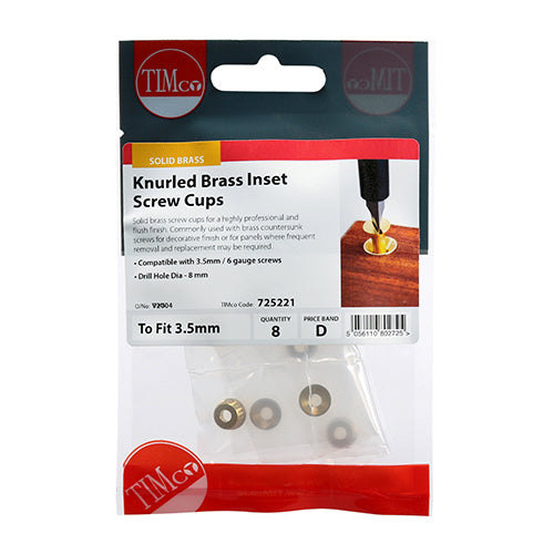 This is an image of Timco - Knurled Inset Screw Cups - Solid Brass To fit 3.5 Screw - (8 PCS TIMpac) 725221