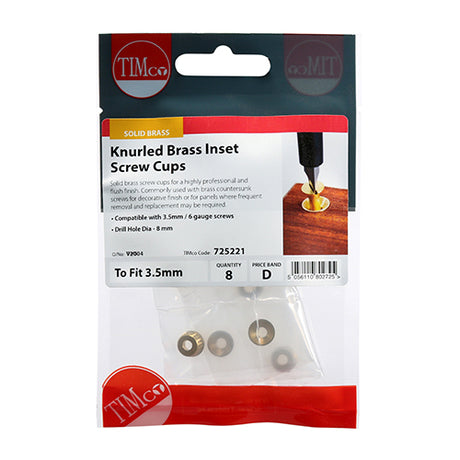 This is an image of Timco - Knurled Inset Screw Cups - Solid Brass To fit 3.5 Screw - (8 PCS TIMpac) 725221
