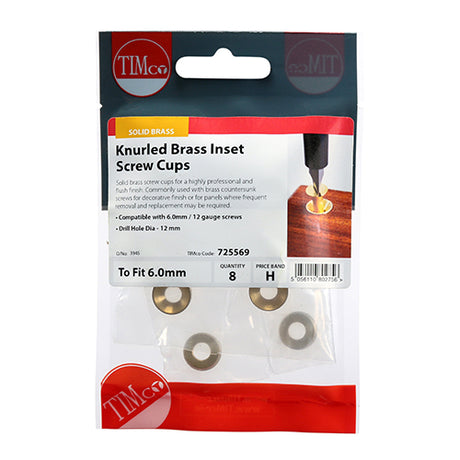 This is an image of Timco - Knurled Inset Screw Cups - Solid Brass To fit 5.5, 6.0 Screw - (8 PCS TIMpac) 725569