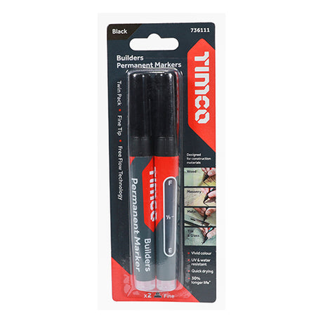 This is an image of Timco - Builders Permanent Markers - Fine Tip - Black Fine Tip (2 Pieces Blister Pack) 736111