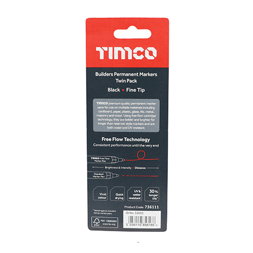 This is an image of Timco - Builders Permanent Markers - Fine Tip - Black Fine Tip (2 Pieces Blister Pack) 736111