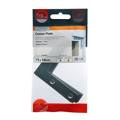 This is an image of Timco - Corner Plates - Zinc 75 x 75 x 16 (4 Pieces TIMpac) 75CPLP