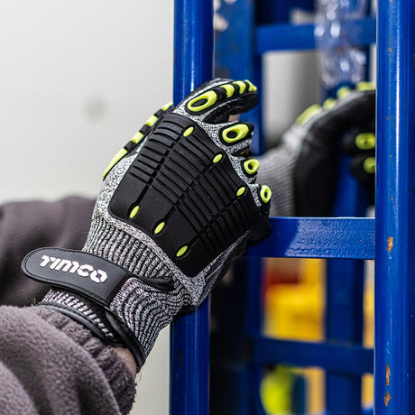 This is an image of Timco - Impact Cut Glove - Sandy Nitrile Coated HPPE Fibre and Glass Fibre Gloves with TPR Pads X Large (1 Pairs Backing Card) 770007