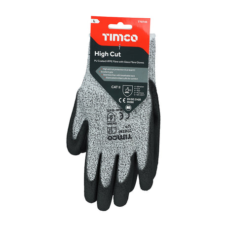 This is an image of Timco - High Cut Gloves - PU Coated HPPE Fibre with Glass Fibre X Large (1 Pairs Backing Card) 770228