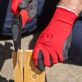 This is an image of Timco - Toughlight Grip Gloves - Sandy Latex Coated Polyester Medium (1 Pairs Backing Card) 770558