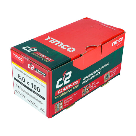 This is an image of Timco - C2 Clamp-Fix Screws - TX - Double Countersunk with Ribs - Twin-Cut - Yellow 8.0 x 100mm - (100 PCS Box) 80100C2C