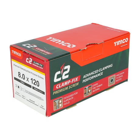 This is an image of Timco - C2 Clamp-Fix Screws - TX - Double Countersunk with Ribs - Twin-Cut - Yellow 8.0 x 120mm - (50 PCS Box) 80120C2C