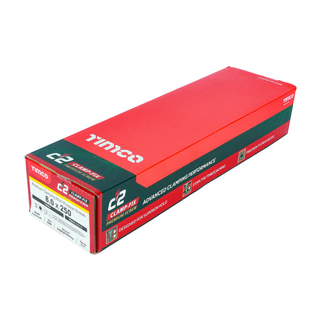 This is an image of Timco - C2 Clamp-Fix Screws - TX - Double Countersunk with Ribs - Twin-Cut - Yellow 8.0 x 250mm - (50 PCS Box) 80250C2C