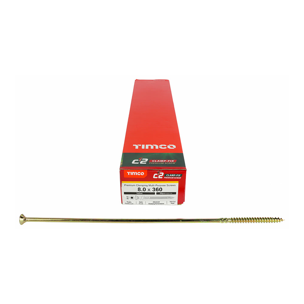 This is an image of Timco - C2 Clamp-Fix Screws - TX - Double Countersunk with Ribs - Twin-Cut - Yellow 8.0 x 360mm - (25 PCS Box) 80360C2C
