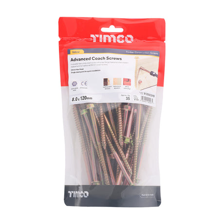 This is an image of Timco - Advanced Coach Screws - Hex Flange - Yellow 8.0 x 120mm - (35 PCS TIMbag) 8120SCSYB