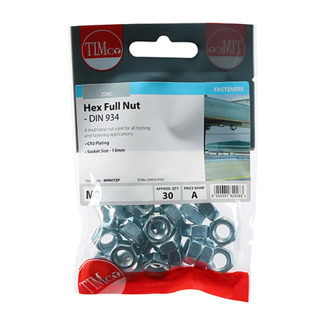 This is an image of Timco - Hex Full Nuts - Zinc M8 - (30 PCS TIMpac) 8HNUTZP