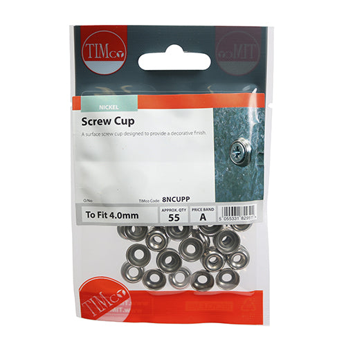 This is an image of Timco - Screw Cups - Nickel To fit 8 Gauge Screws - (55 PCS TIMpac) 8NCUPP