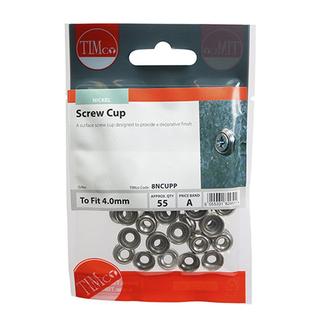 This is an image of Timco - Screw Cups - Nickel To fit 8 Gauge Screws - (55 PCS TIMpac) 8NCUPP