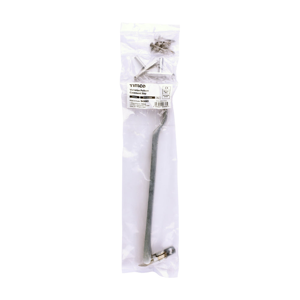 This is an image of Timco - Victorian Pattern Casement Stay - Satin Chrome 240mm (1 Each Bag) 949065