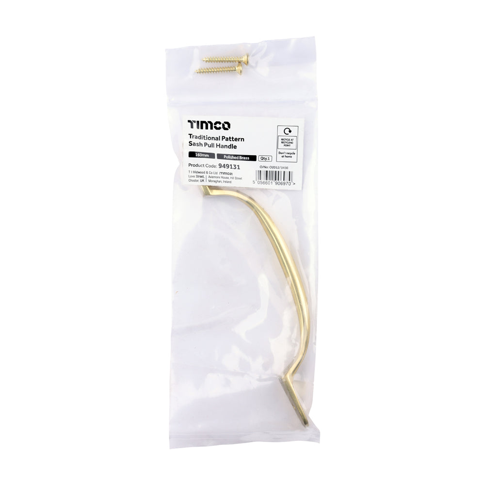 This is an image of Timco - Traditional Pattern Sash Pull Handle - Polished Brass 160mm (1 Each Bag) 949131