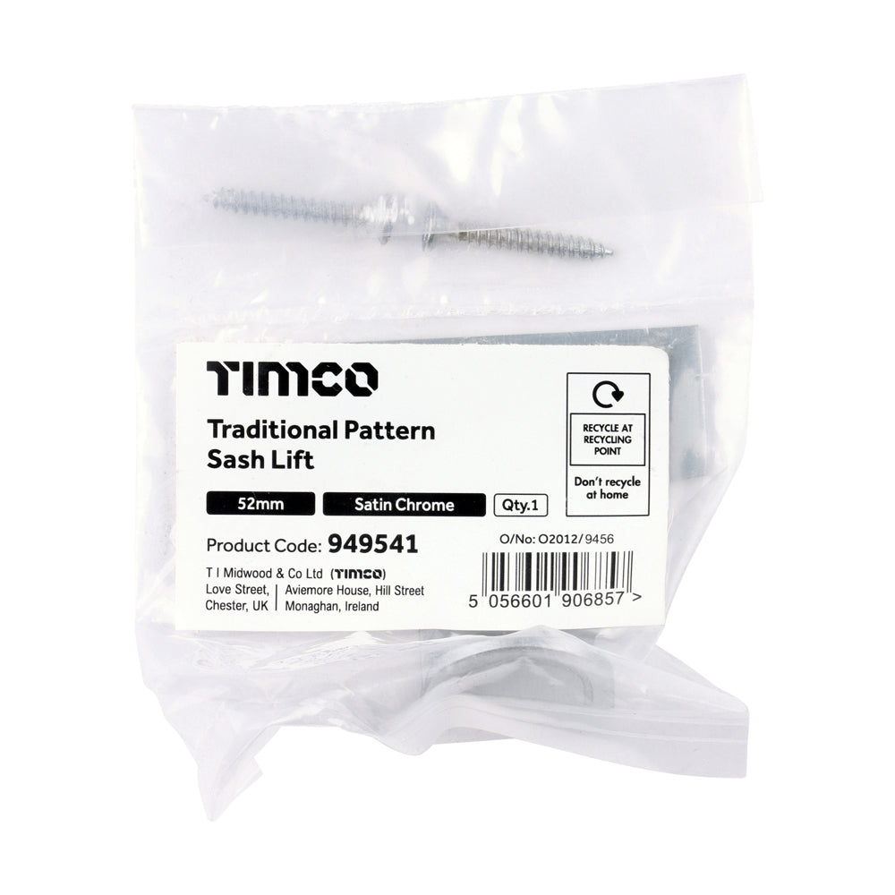 This is an image of Timco - Traditional Pattern Sash Lift - Satin Chrome 52mm (1 Each Bag) 949541