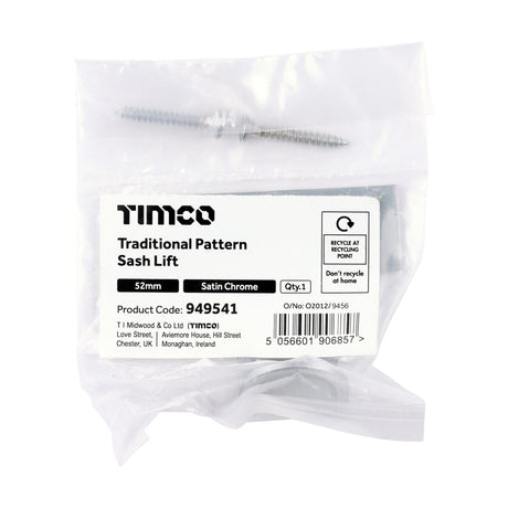 This is an image of Timco - Traditional Pattern Sash Lift - Satin Chrome 52mm (1 Each Bag) 949541