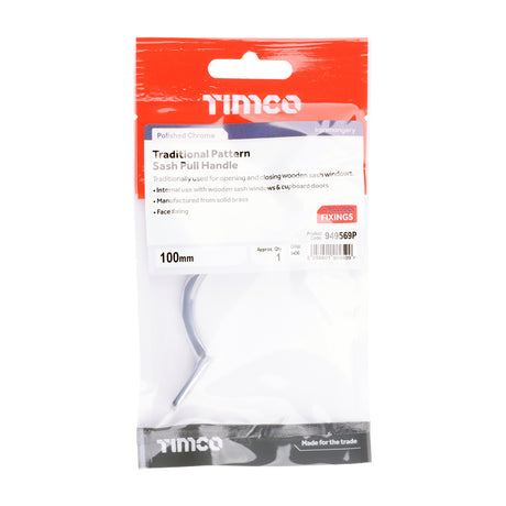 This is an image of Timco - Traditional Pattern Sash Pull Handle - Polished Chrome 100mm (1 Each TIMpac) 949569P
