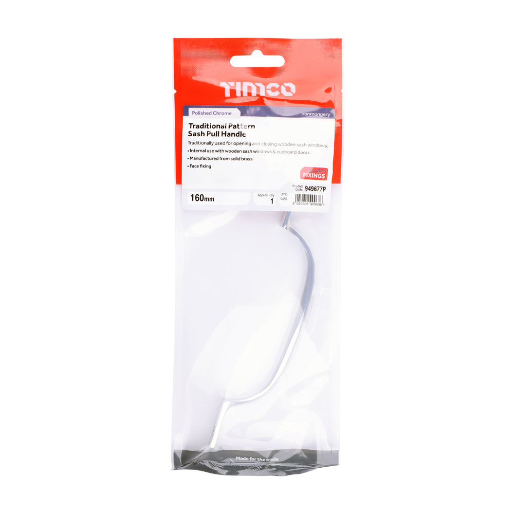 This is an image of Timco - Traditional Pattern Sash Pull Handle - Polished Chrome 160mm (1 Each TIMpac) 949677P
