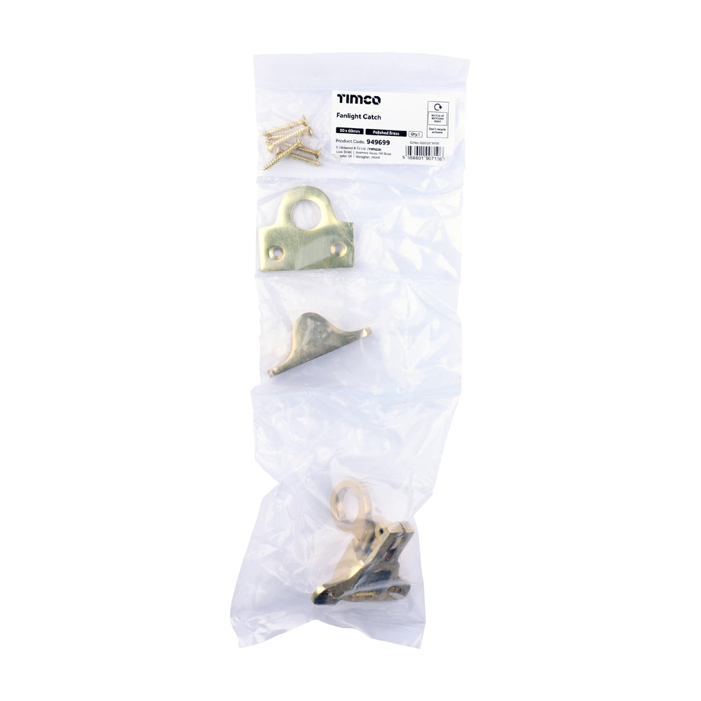 This is an image of Timco - Fanlight Catch - Polished Brass 50 x 60 (1 Each Bag) 949699