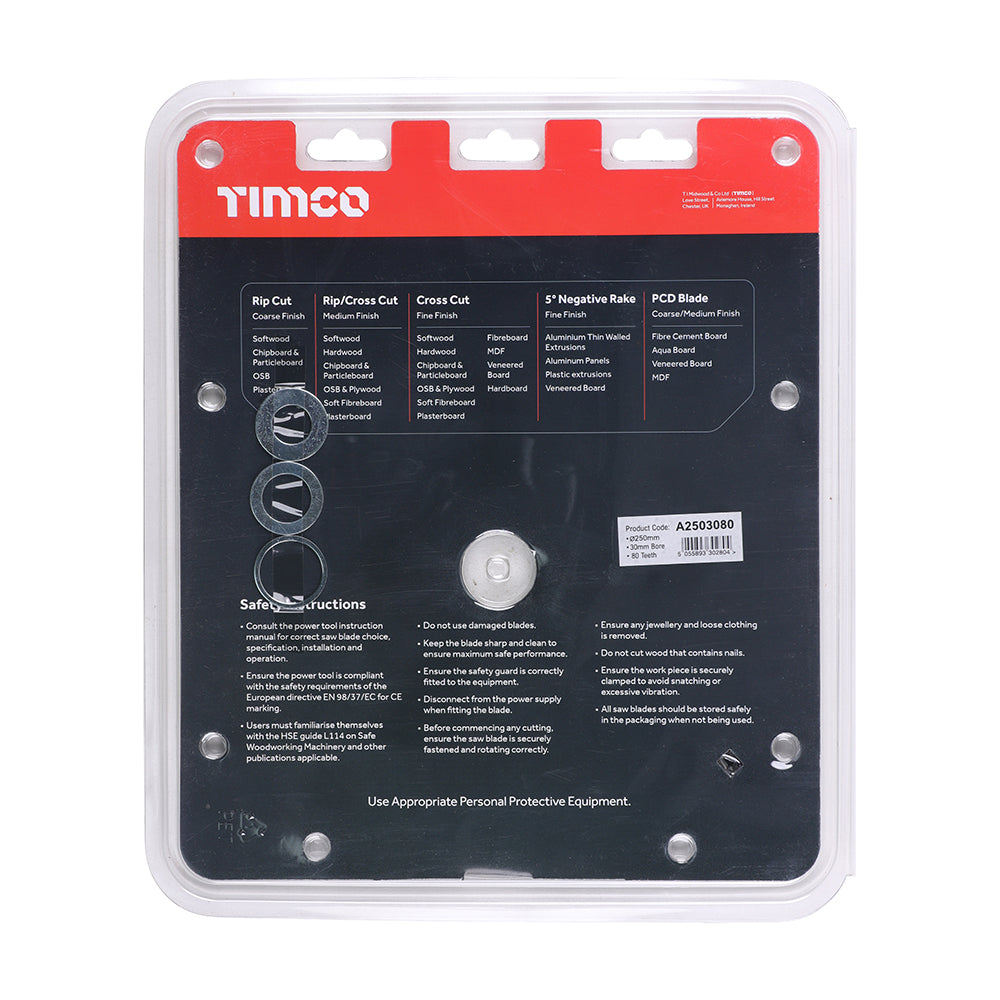 This is an image of Timco - -5Ã‚Â° Circular Saw Blade 250 x 30 x 80T (1 Each Clamshell) A2503080