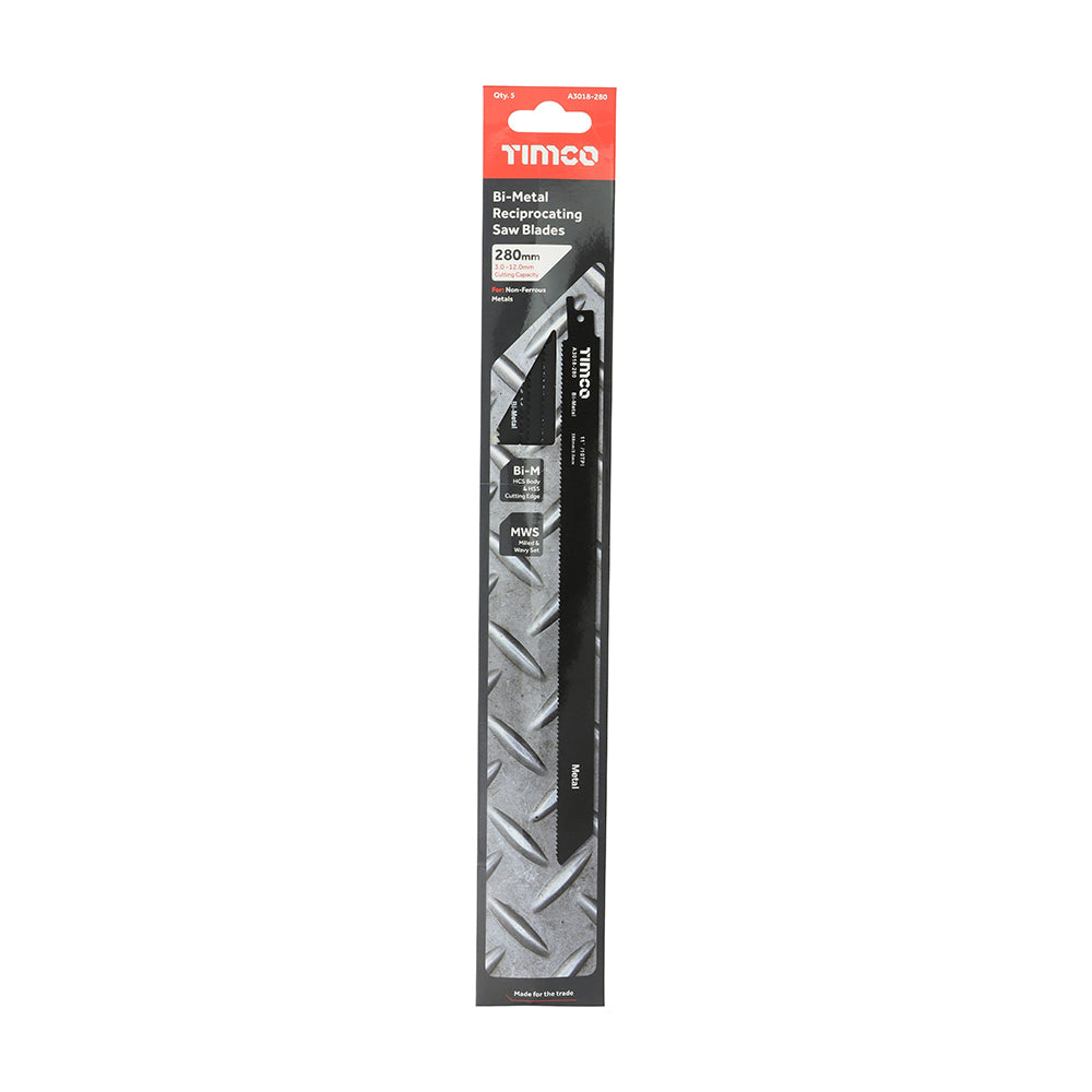 This is an image of Timco - Reciprocating Saw Blades - Metal Cutting - Bi-Metal - 280mm 280mm (5 Pieces Pack) A3018-280