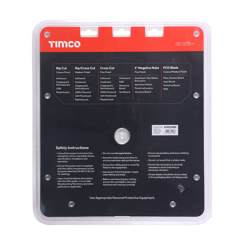 This is an image of Timco - -5Ã‚Â° Circular Saw Blade 305 x 30 x 60T (1 Each Clamshell) A3053060