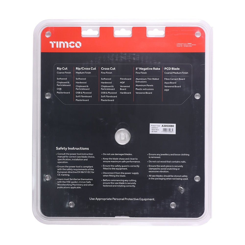 This is an image of Timco - -5Ã‚Â° Circular Saw Blade 305 x 30 x 80T (1 Each Clamshell) A3053080