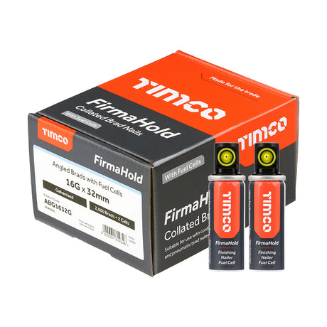 This is an image of Timco - FirmaHold Collated Brad Nails & Fuel Cells - 16 Gauge - Angled - Galvanised 16g x 32mm/2BFC (2000 PCS Box) ABG1632G