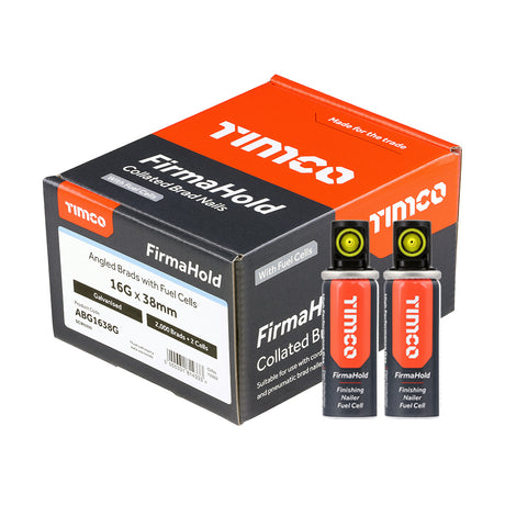This is an image of Timco - FirmaHold Collated Brad Nails & Fuel Cells - 16 Gauge - Angled - Galvanised 16g x 38mm/2BFC (2000 PCS Box) ABG1638G