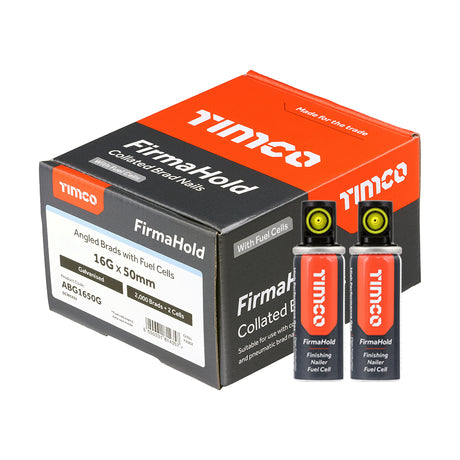 This is an image of Timco - FirmaHold Collated Brad Nails & Fuel Cells - 16 Gauge - Angled - Galvanised 16g x 50mm/2BFC (2000 PCS Box) ABG1650G