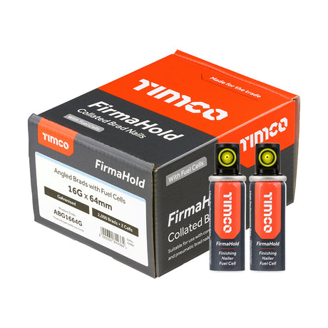 This is an image of Timco - FirmaHold Collated Brad Nails & Fuel Cells - 16 Gauge - Angled - Galvanised 16g x 64mm/2BFC (2000 PCS Box) ABG1664G