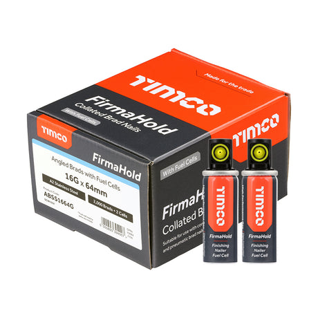 This is an image of Timco - FirmaHold Collated Brad Nails & Fuel Cells - 16 Gauge - Angled - A2 Stainless Steel 16 x 64mm/2BFC (2000 PCS Box) ABSS1664G