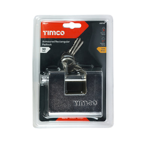This is an image of Timco - Armoured Rectangular Padlock 90mm (1 Each Backing Card) ARP90