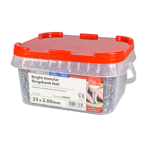 This is an image of Timco - Annular Ringshank Nails - Bright 25 x 2.00mm (2.5 Kg TIMtub) BAR25T
